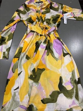 French Connection Yellow Olive & Lavender Abstract Belted Shirt Dress